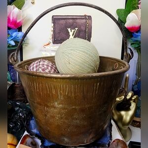 Vintage Apple Butter Copper Kettle w/ Fabric Accent Balls 6inx8in